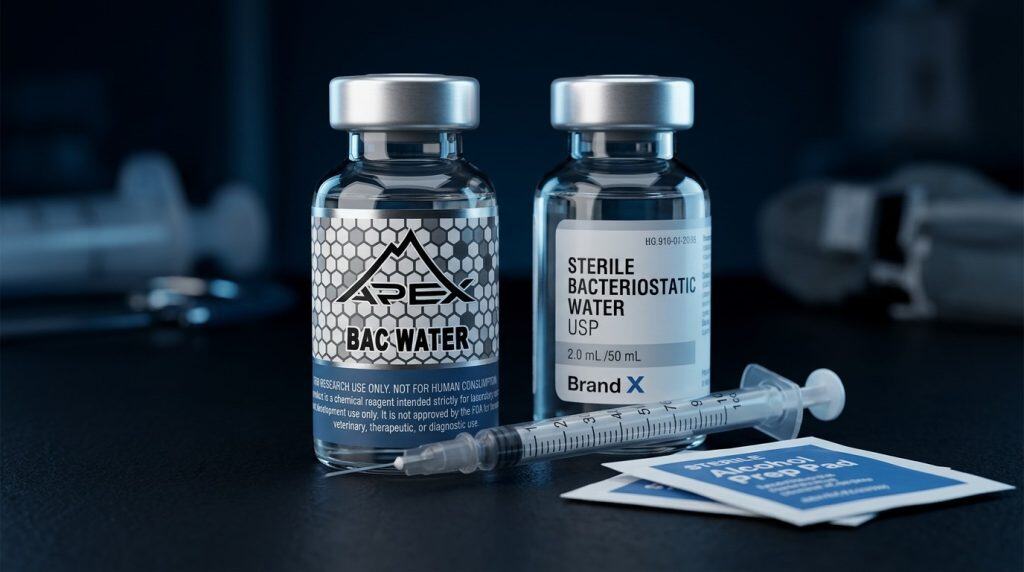 Bacteriostatic water vial with research peptide and syringe — sterile reconstitution solvent — Apex Laboratory