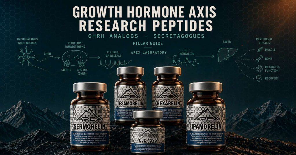 Growth hormone axis research peptides pillar guide with Apex Laboratory peptide vials