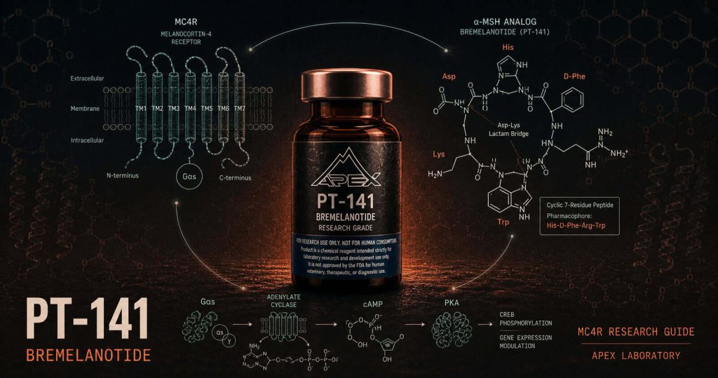 PT-141 Bremelanotide research reagent vial with melanocortin receptor pathway diagram