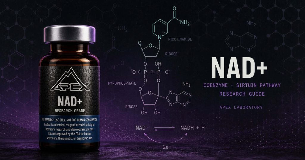 NAD+ research reagent vial with sirtuin pathway diagram and Apex Laboratory peptide vials in laboratory setting