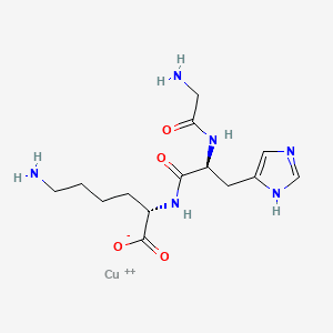 GHK-Cu chemical structure diagram: the glycyl-L-histidyl-L-lysine tripeptide coordinating a copper(II) ion through the histidine imidazole nitrogen, terminal amino group, and a deprotonated backbone amide nitrogen.
