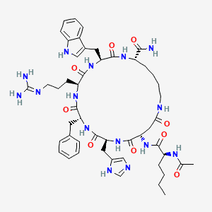 Melanotan II chemical structure diagram: the cyclic heptapeptide Ac-Nle-cyclo(Asp-His-D-Phe-Arg-Trp-Lys)-NH2, a constrained alpha-MSH analog with a lactam ring between the aspartate and lysine side chains.