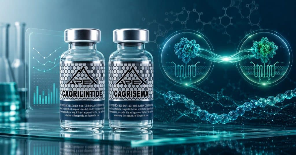 Cagrilintide and CagriSema research vials with amylin and GLP-1 pathway motif